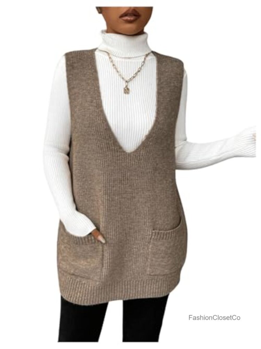 Sleeveless Knit Sweater Vest, V-Neck Tunic Pullover, Loose Fit, Pockets